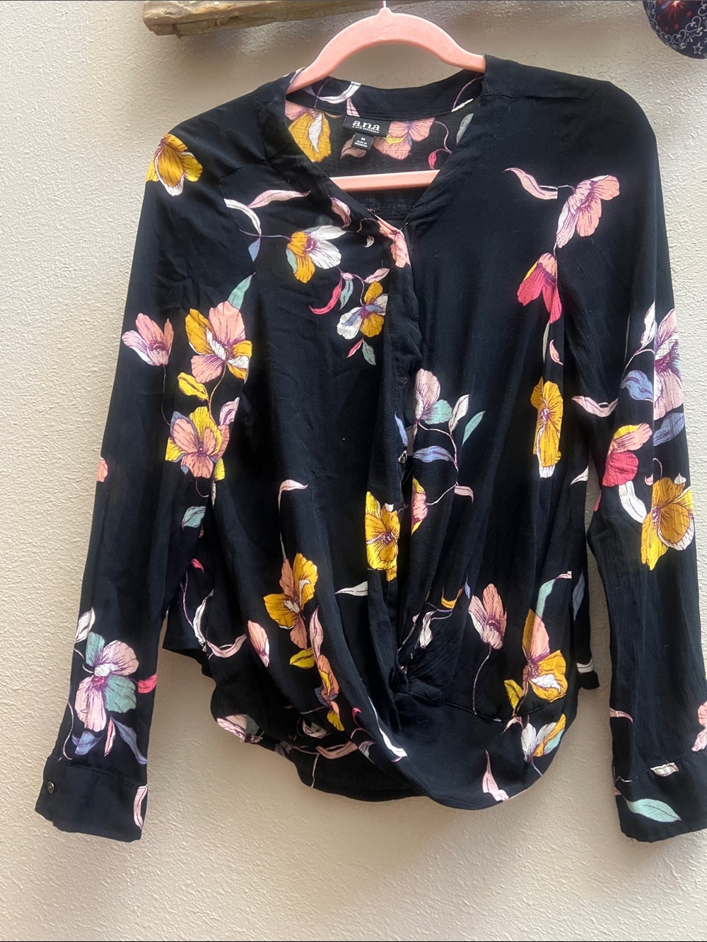 a.n.a Black Blouse with Yellow, Pink & Mint Floral Print Twist Front